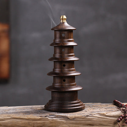 Ebony Wood Carved Stupa Pagoda Tower Incense Stick Burner Zen Buddhism Decor