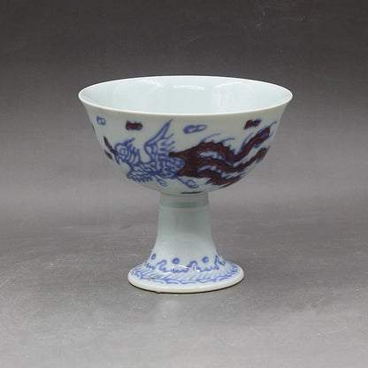 4.7" Chinese Ming Blue White Porcelain Red Glaze Animal Dragon Phoenix Cup