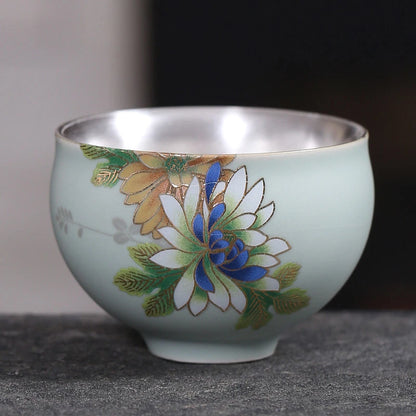 Health Care Pure Silver Inside Tea Cup Porcelain Ruyao Floral Tea Saucer Tea Set