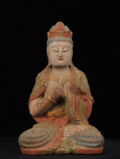 Chinese Antique Old Wood Carving Kwan-yin Statue Painted Sculpture Buddha Statue