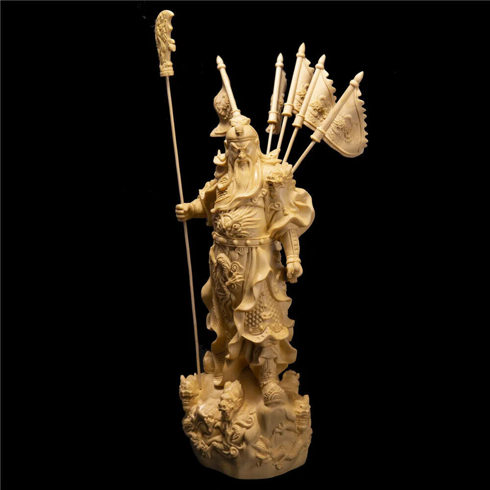 Cypress Wood Carving Nine Dragons Five Flags Guan Yu God Wealth Office Lucky 12'
