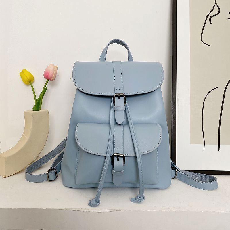 Women Drawstring Backpack PU Leather School Bags Belt Backpacks Ladies