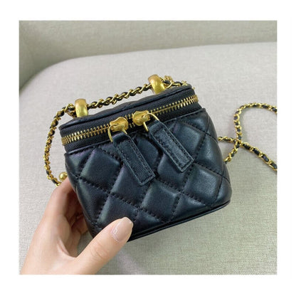 Quilted Lambskin Leather Vanity Case Adjustable Chain Crossbody Box Bag Purse
