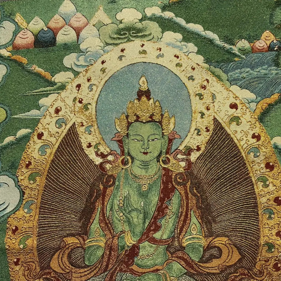 35"Thangka Embroidery Tibetan Buddhism Amitayus Green Tara Buddha lotus platform