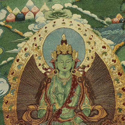 35"Thangka Embroidery Tibetan Buddhism Amitayus Green Tara Buddha lotus platform