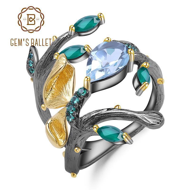 Natural Blue Topaz 2.29ct Handmade 925 Sterling Silver Butterfly on Branch Ring