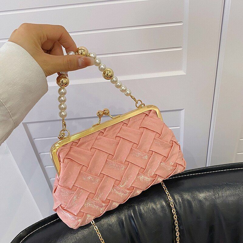 Shoulder Bag Pearl Chain Handbag Ribbon Weave Purses Clip Crossbody 21*5*13 CM