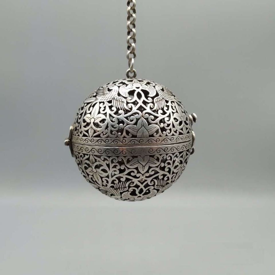 Chinese Vintage Silver Plated Openwork Bird Flower Incense Ball 5.4cm