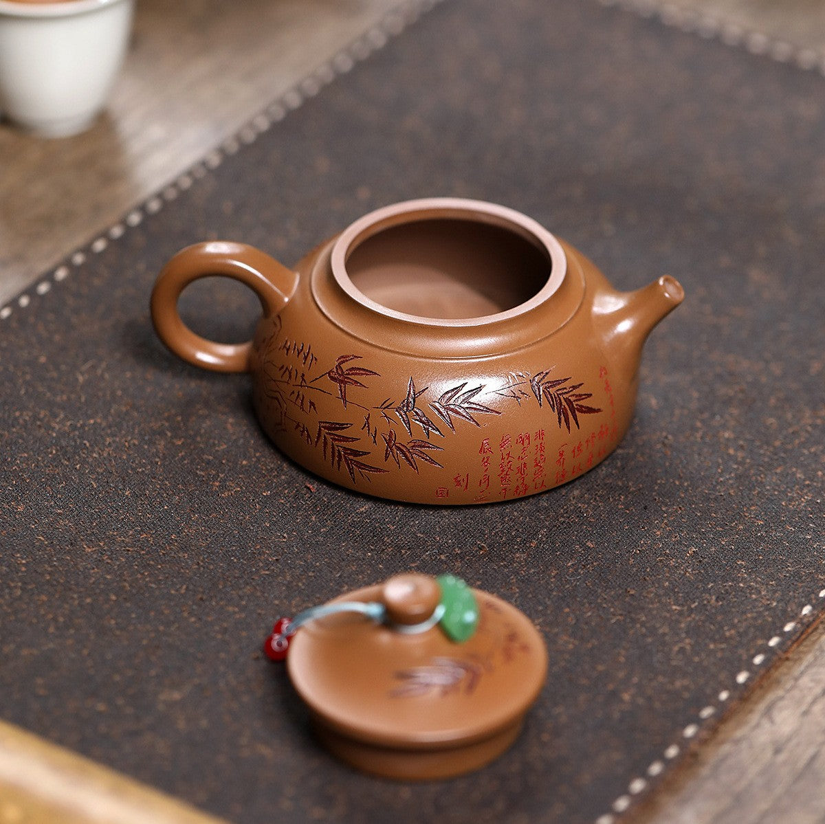 Handmade Tea Pot Marked Bamboo Carved Real Yixing Zisha Clay Master Pot 180ml