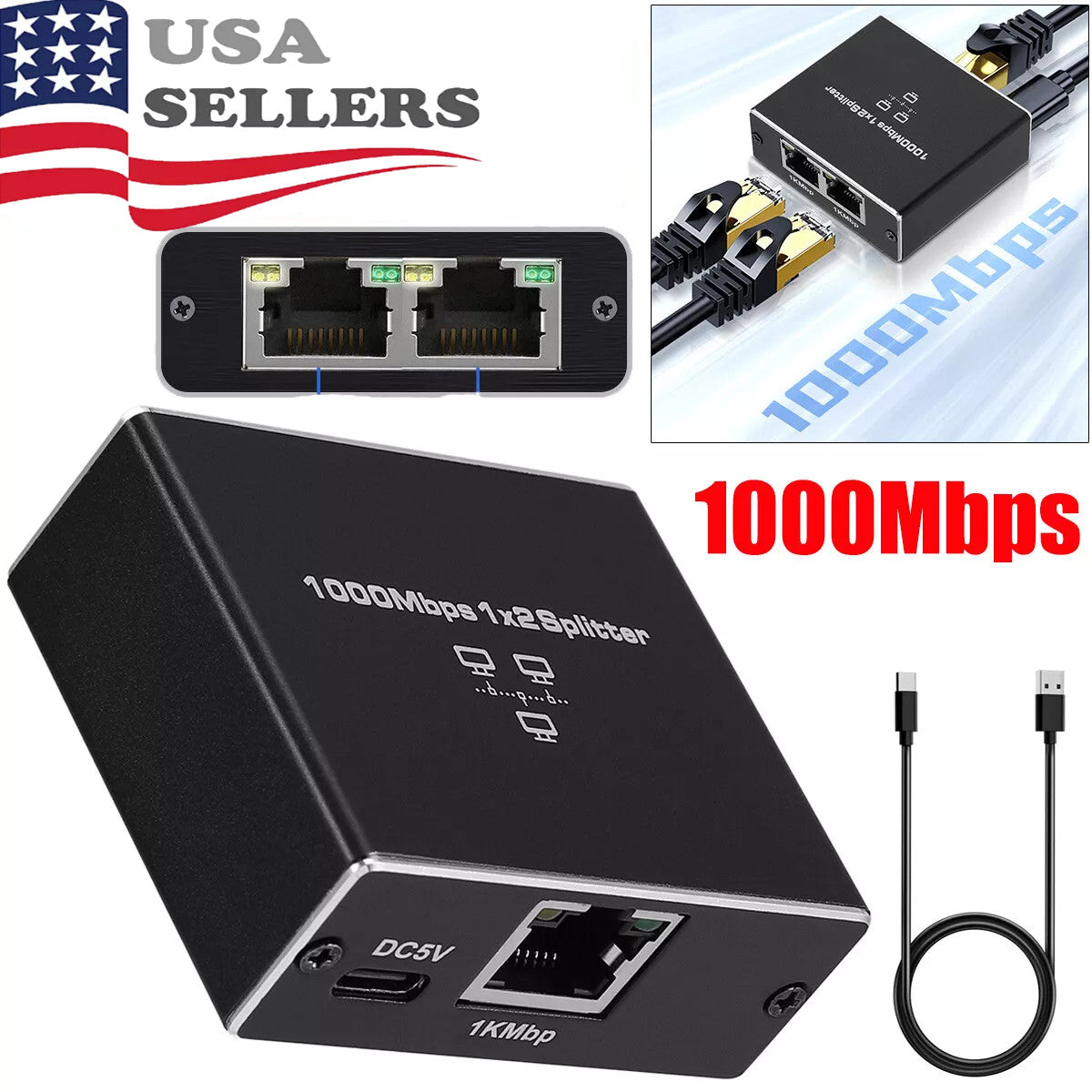 RJ45 Gigabit Ethernet Splitter 1000Mbps LAN Network Internet 1 to 2 Adapter lot