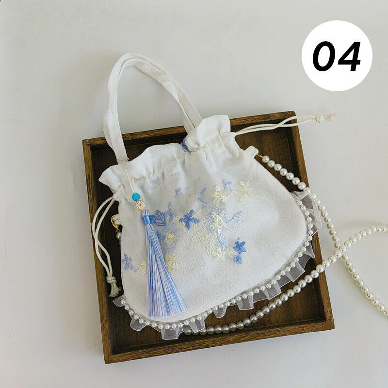 Pearl Floral Hanfu Bag Ancient Purse Embroidery Ruffle Drawstring Handbag Wallet