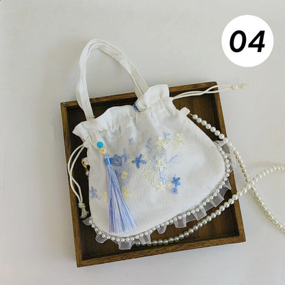 Pearl Floral Hanfu Bag Ancient Purse Embroidery Ruffle Drawstring Handbag Wallet