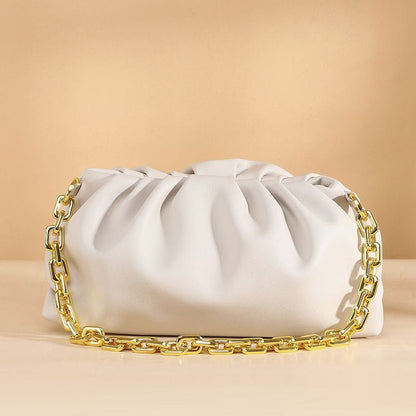 Genuine Cow Leather Handbag Thick Thin Chain Cloud Dumplings Clutch Shoulder Bag