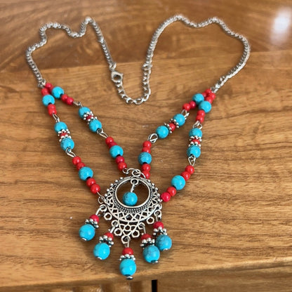 Exotic Ethnic Double Forehead Headpiece Set Tibetan Turquoise Necklace Earrings