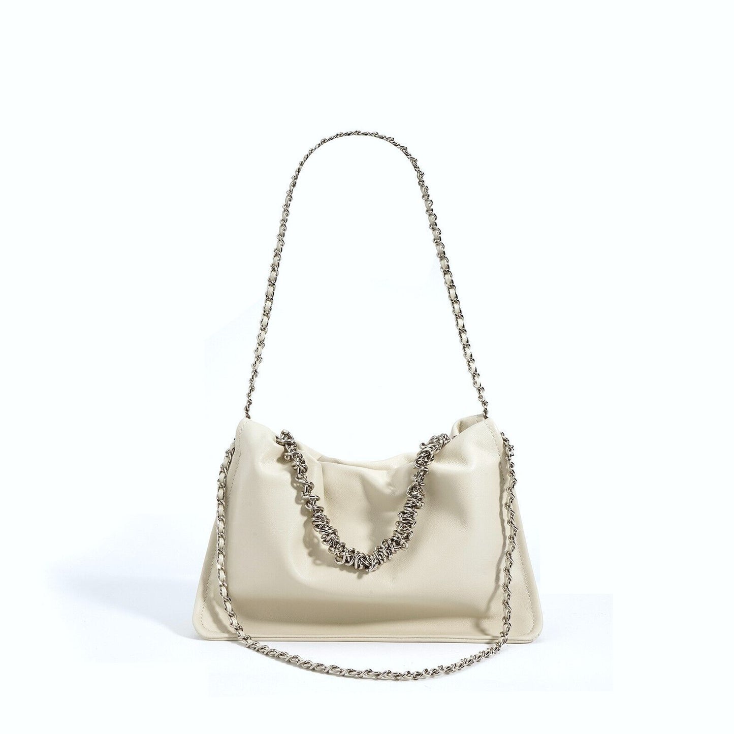 Ruched Real Leather Clutch Purse Pouch Tote Shoulder Bag Crossbody w/ Chains