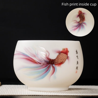handmade tea cup fat mutton jade porcelain master cup fish print creative teacup