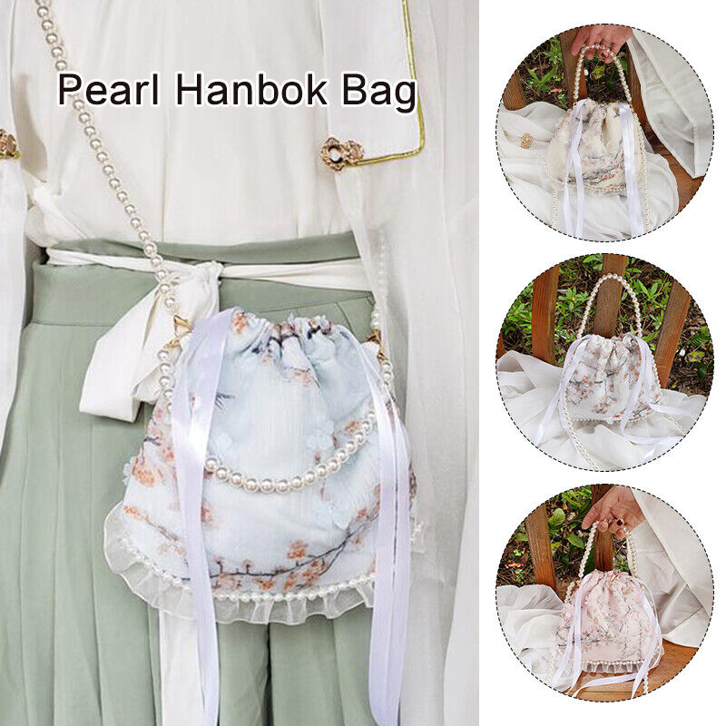 Chinese Hanfu Pearl Purse Tote Bag Ruffle Lace Embroidery Wallet Handbag Gift