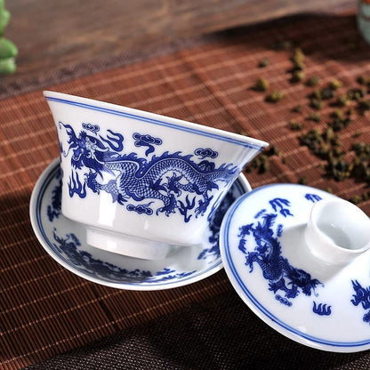 250ml Jingdezhen Blue White Porcelain Dragon Pattern Gaiwan Tea Bowl Kung Fu Tea