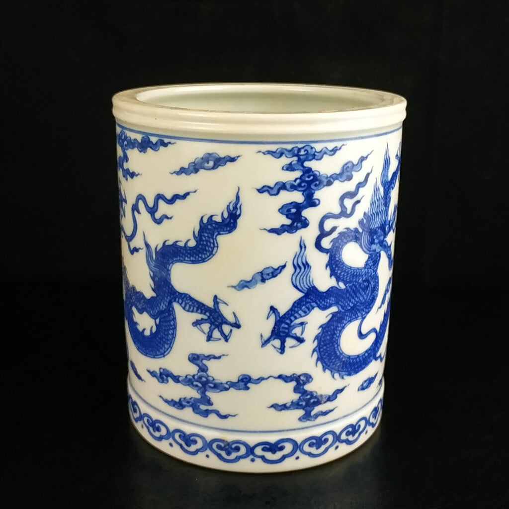 Chinese Blue&white Porcelain Handpainted Dragon Pattern Brush Pot