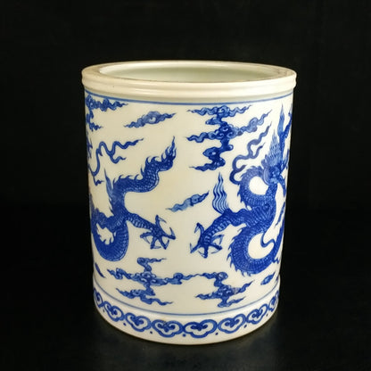 Chinese Blue&white Porcelain Handpainted Dragon Pattern Brush Pot