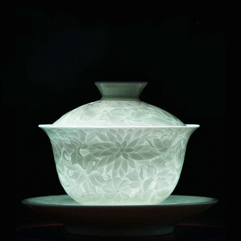 Jingdezhen Porcelain Gaiwan Creative Tureen Teacup Flower Relief Tea Set Ceramic