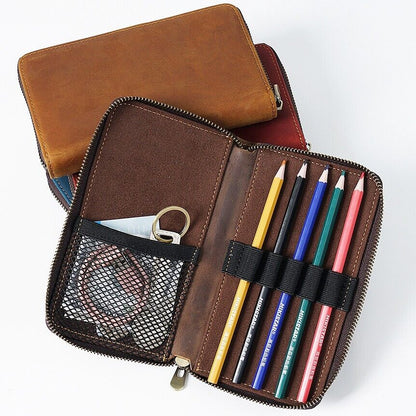 Handmade Cowhide Leather Fountain Pen Case, Pencil Case Stationery Storage Bag
