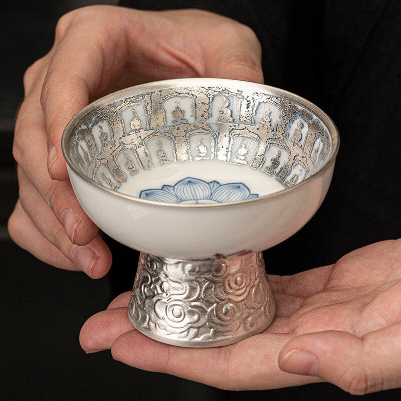 Ceramic + Pure Silver Tea Pot Gaiwan Master Cup Porcelain Buddha Tea Cup Tureen