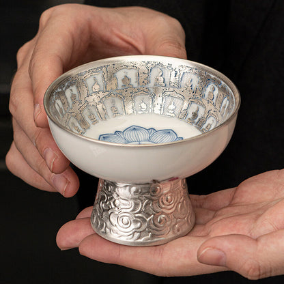 Ceramic + Pure Silver Tea Pot Gaiwan Master Cup Porcelain Buddha Tea Cup Tureen