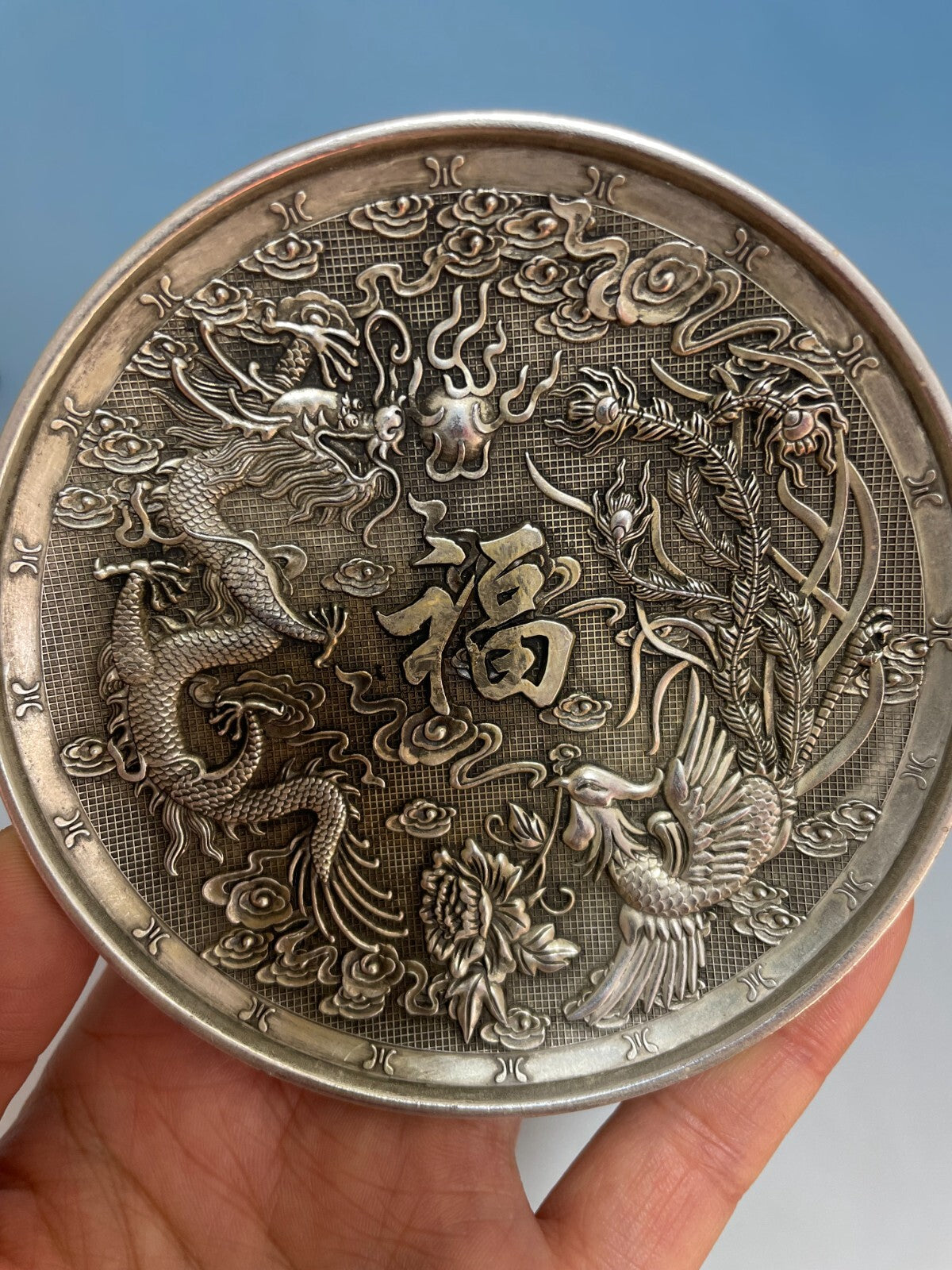 Rare Old Collection Chinese Tibet Silver Handcarved Dragon Phoenix Plate Gift