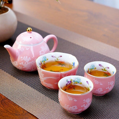 Porcelain Tea Set For Lady Pink Floral Print Tea Pot Matching Tea Cup Master Cup