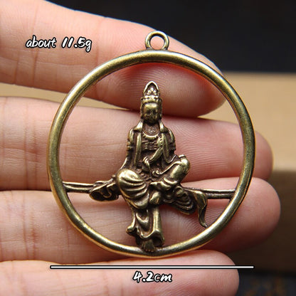 Vintage Brass Guanyin Bodhisattva Round Key Chain Ring Lanyard Pendant Buddhist