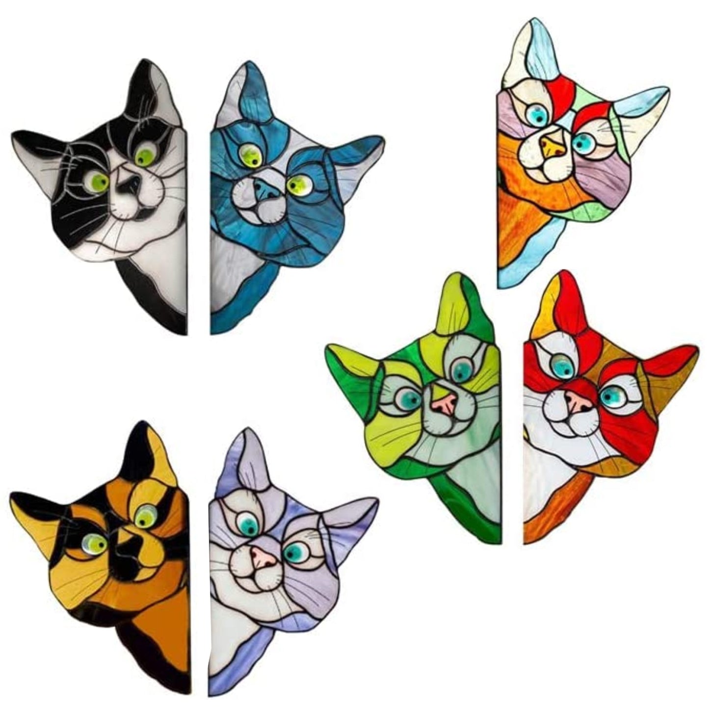 7Pcs Stained Glass Cat Face Peering Decal Sticker Auto Car Bumper Window DIY