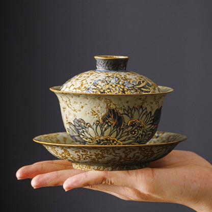 Hand-Painted Blue and White Ceramic Sancai Lidded Gaiwan Tea Bowl Tureen 180ml