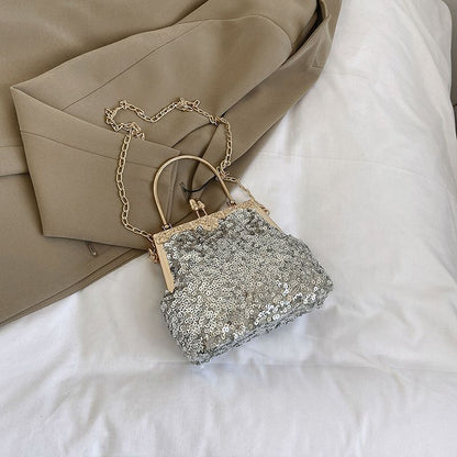 Clutch Bag Silver Sequin Chain Shoulder Crossbody Bags Handbag Purse 21*16*6 CM