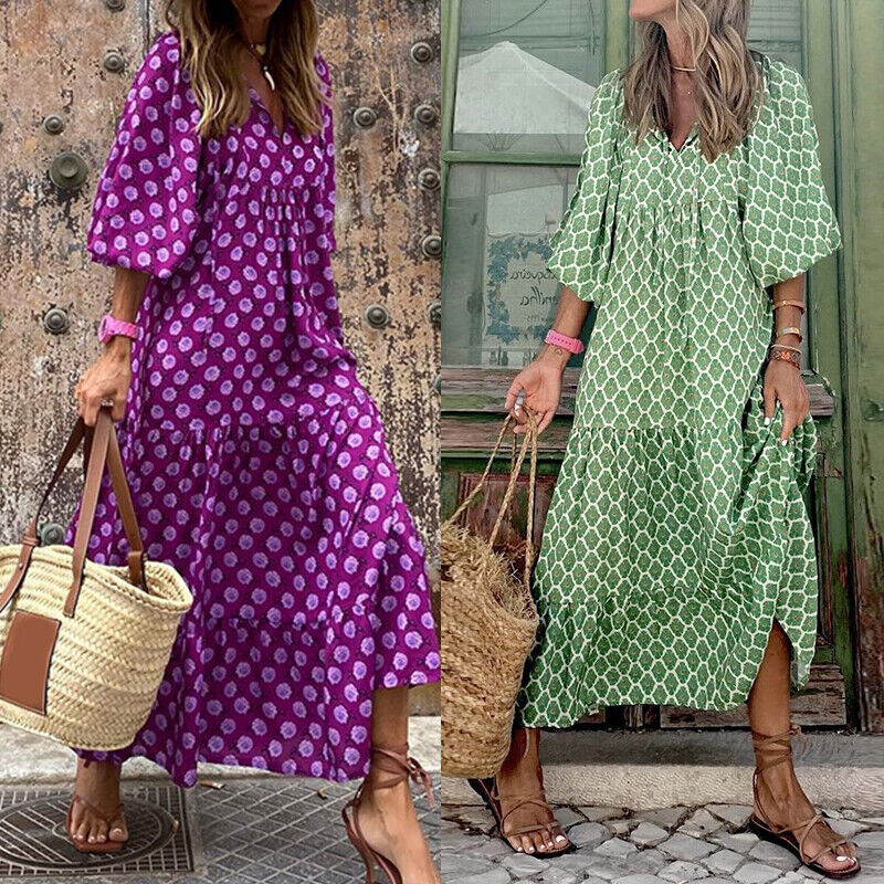 Women 3/4 Sleeve Maxi Dress Baggy Tunic V Neck Dresses Printed Boho Party Beach