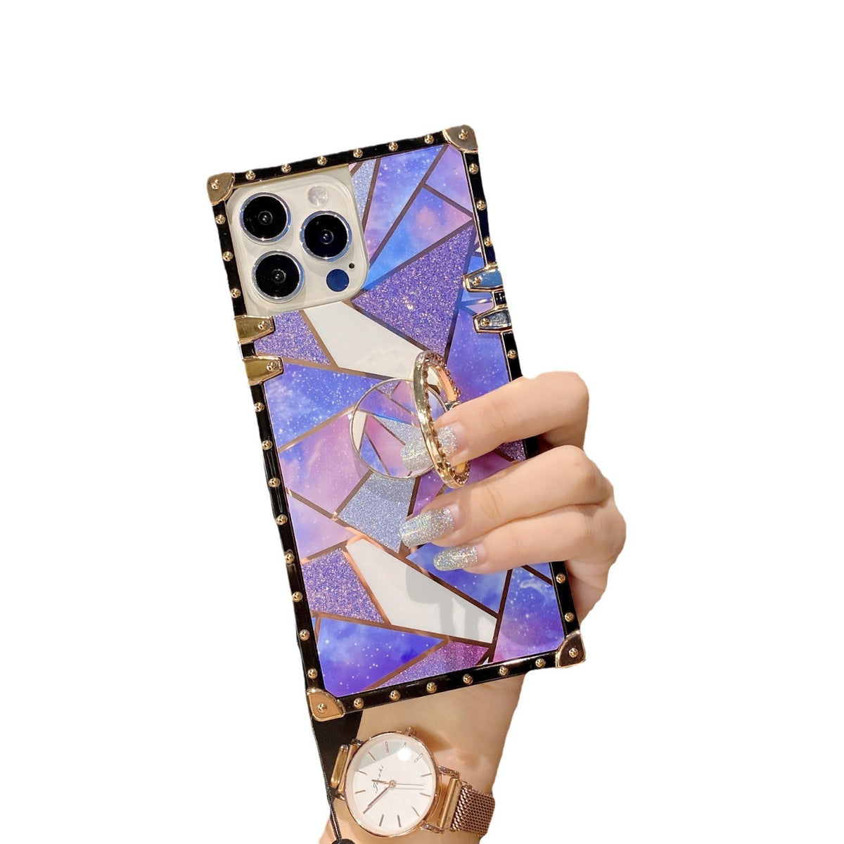 Electroplated spliced glitter soft case with crossbody strap for iPhone 17Pro/16
