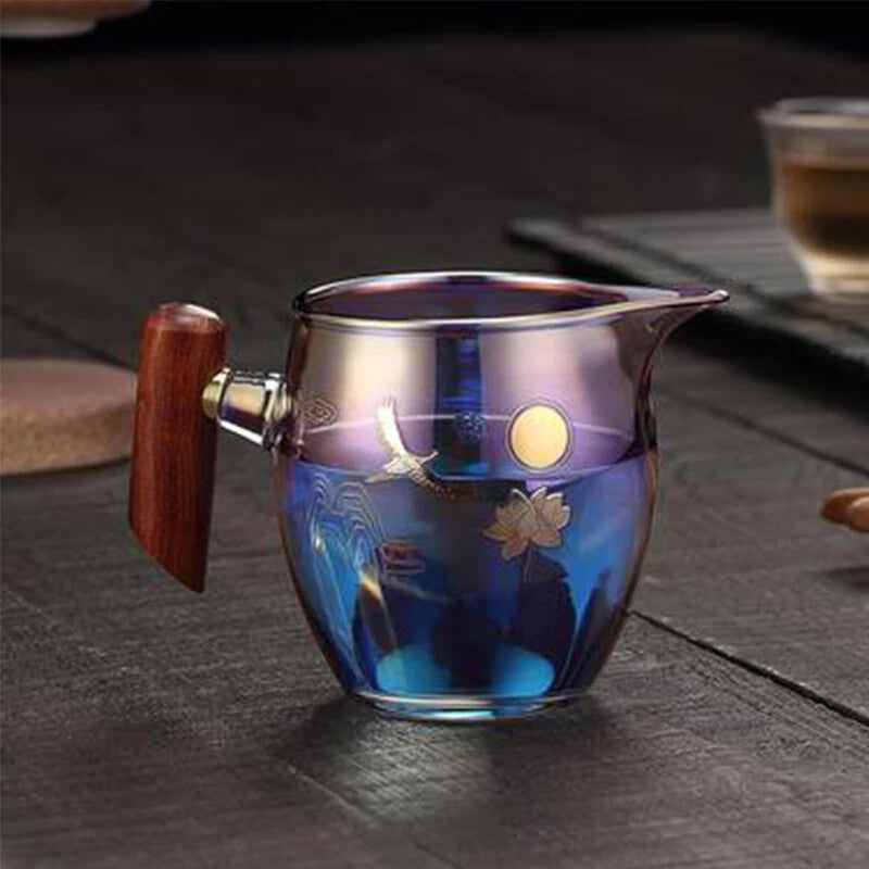 350ml 5.3" Glass Wood Handle Color Burn Thickened Glass Side Handle Cup Tea Set
