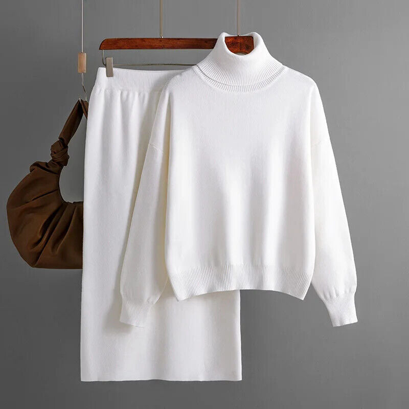 Women Turtleneck Skirt Suit Sweater Long Skirt 2 Piece Set Women Outifits Winter