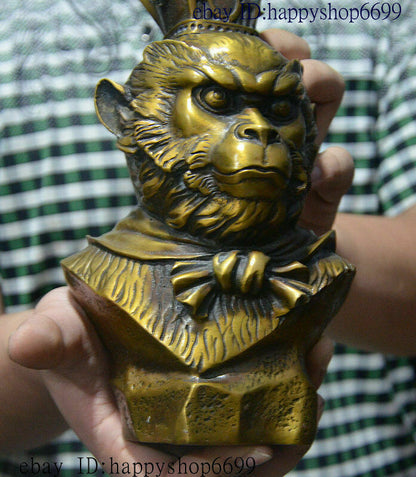 9" Chinese Buddhism Temple Pure Bronze Monkey King Sun Wukong Buddha Head Statue