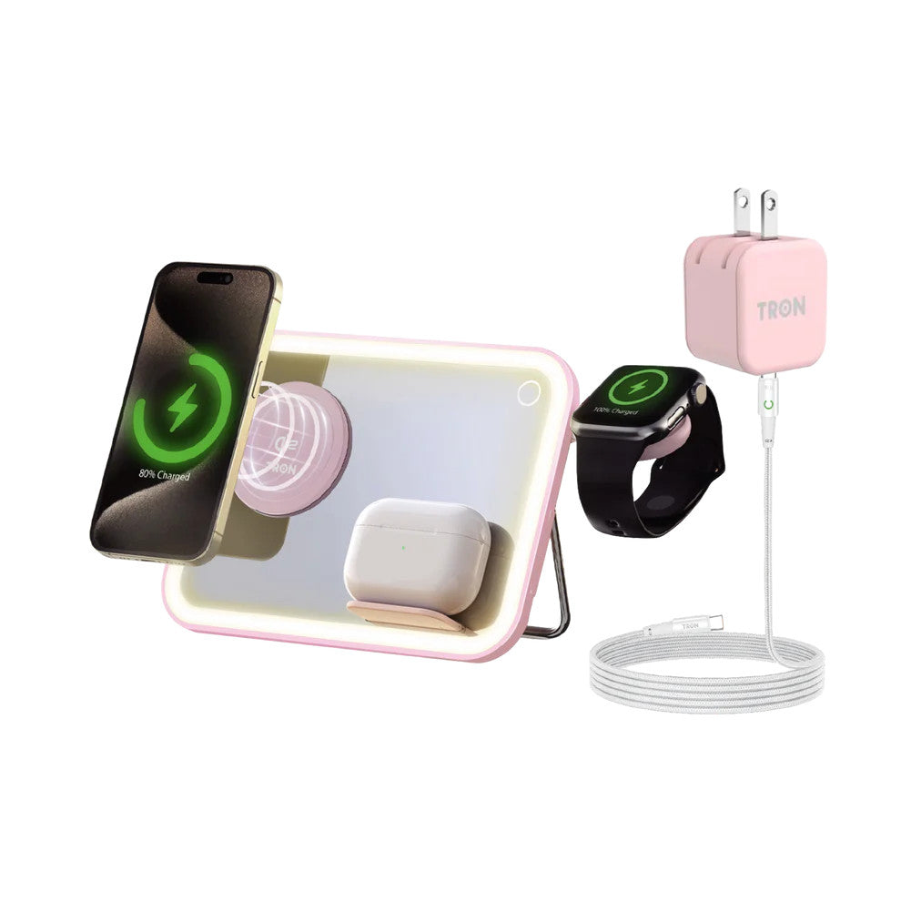 TRON 3 in 1 Magnetic Wireless Charger Mirror Stand for iPhone + Watch + Earbuds