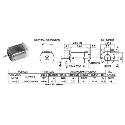 3V DC Motor with Wire Leads, 11,000 RPM (1" x 0.8" x 0.6")