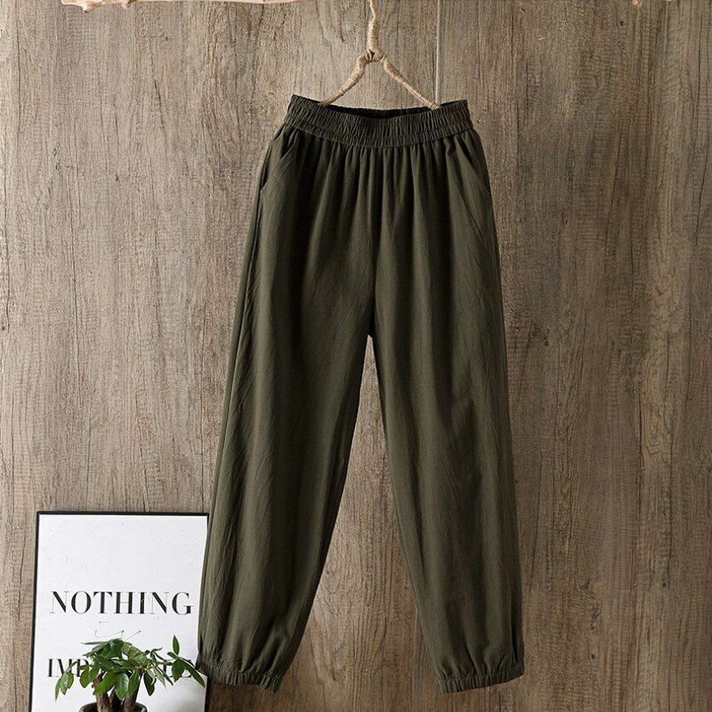 Pants Women Casual Cotton Linen Elastic Waist Solid Basic Retro Loose Trousers