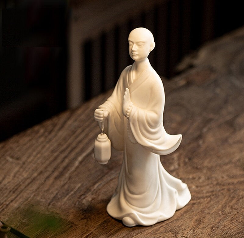 New White Porcelain Statue Monk Lantern Buddhism Zen Office Study Table Decor