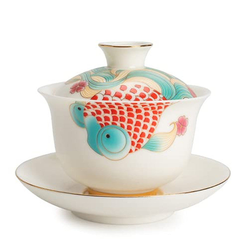 120ml Ceramic Tureen Gaiwan Fish Pattern Cup Saucer Tea Set Bowl Home Decor