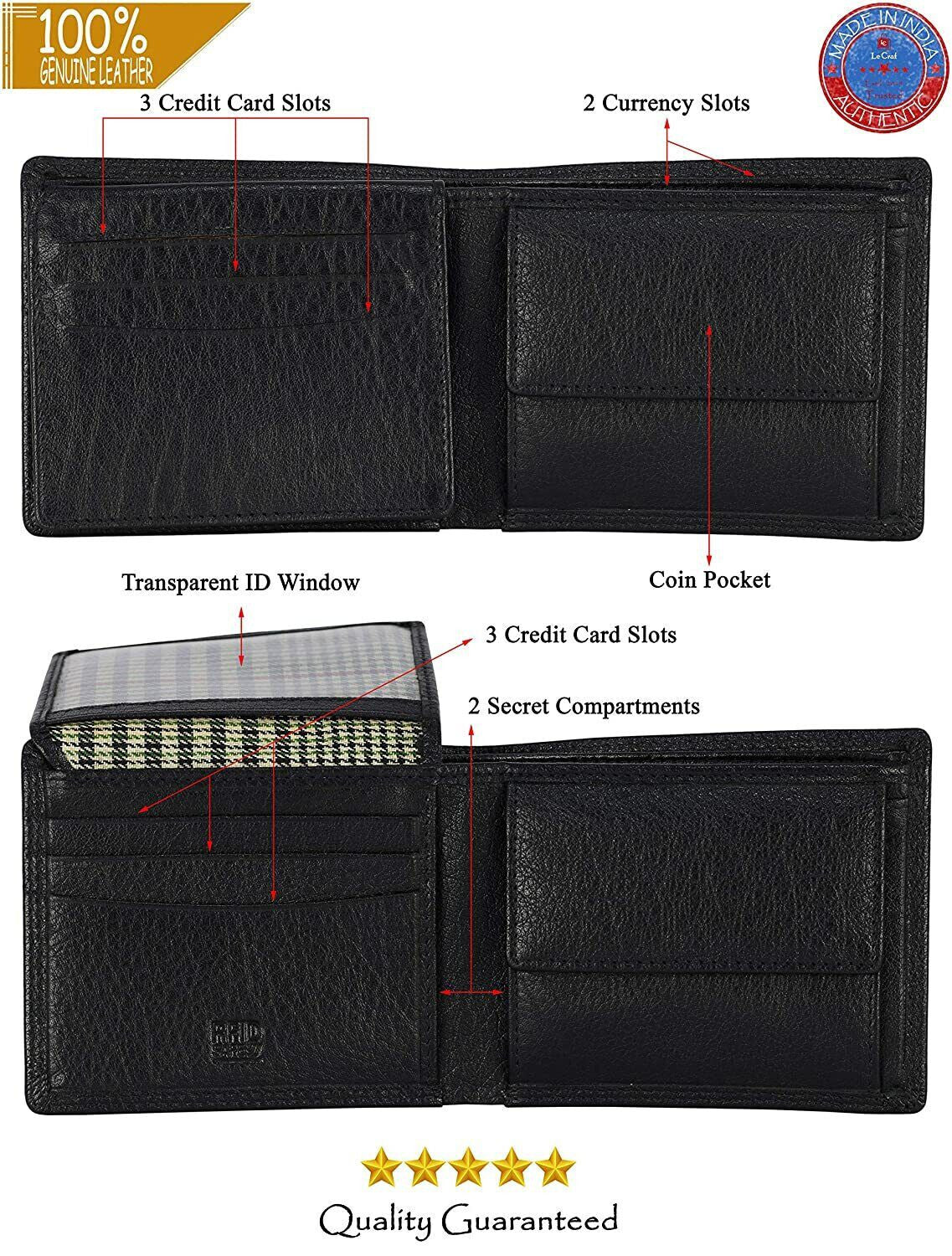 Brand New Authentic RFID Blocking Black BI-Fold Genuine Leather Mens Wallet