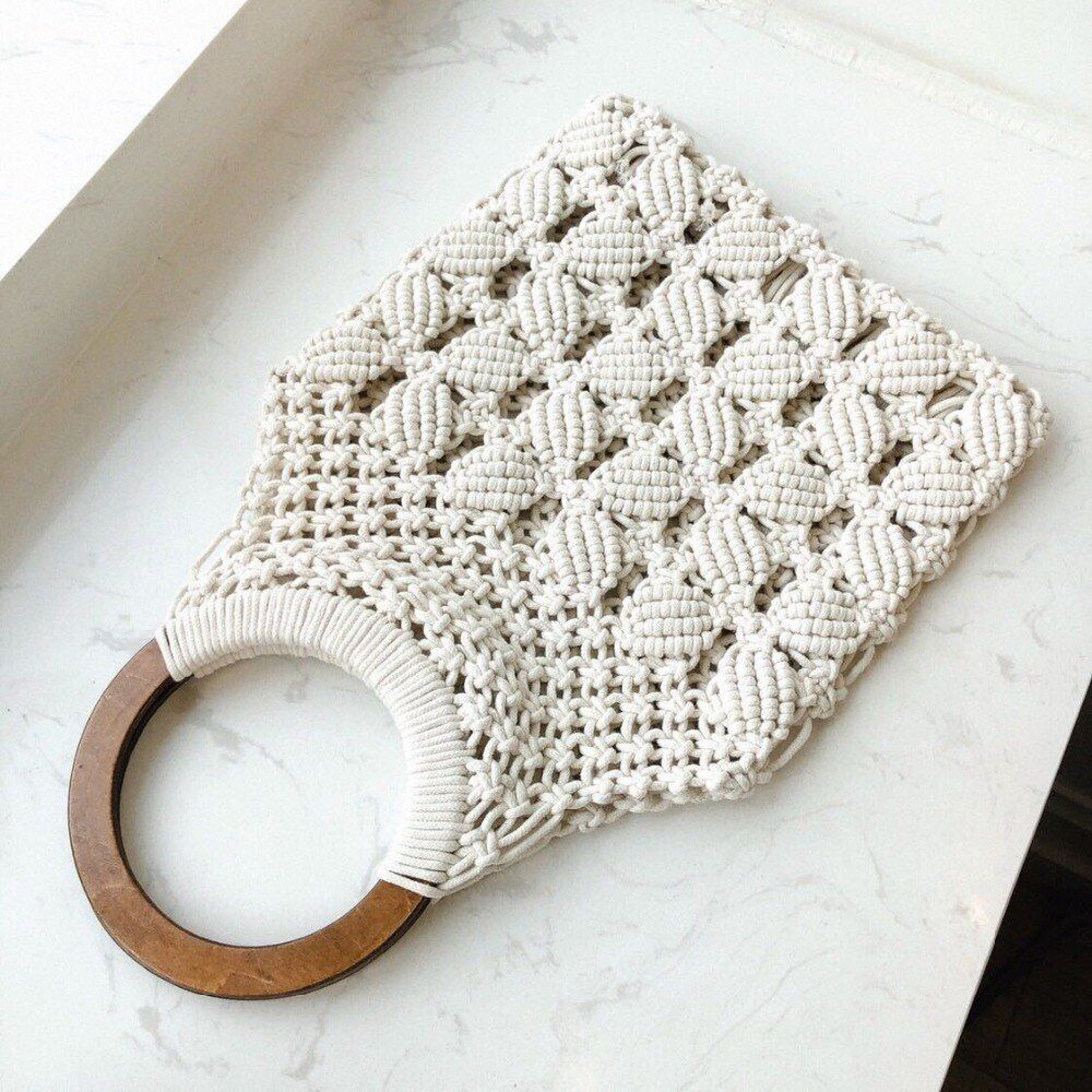 Woven Bag Hollow Beach Purse Wooden Handle Ring Straw Handbag Tote Flap Cotton