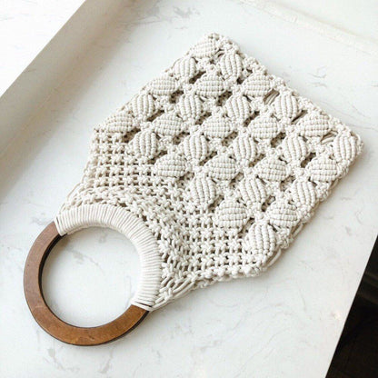 Woven Bag Hollow Beach Purse Wooden Handle Ring Straw Handbag Tote Flap Cotton