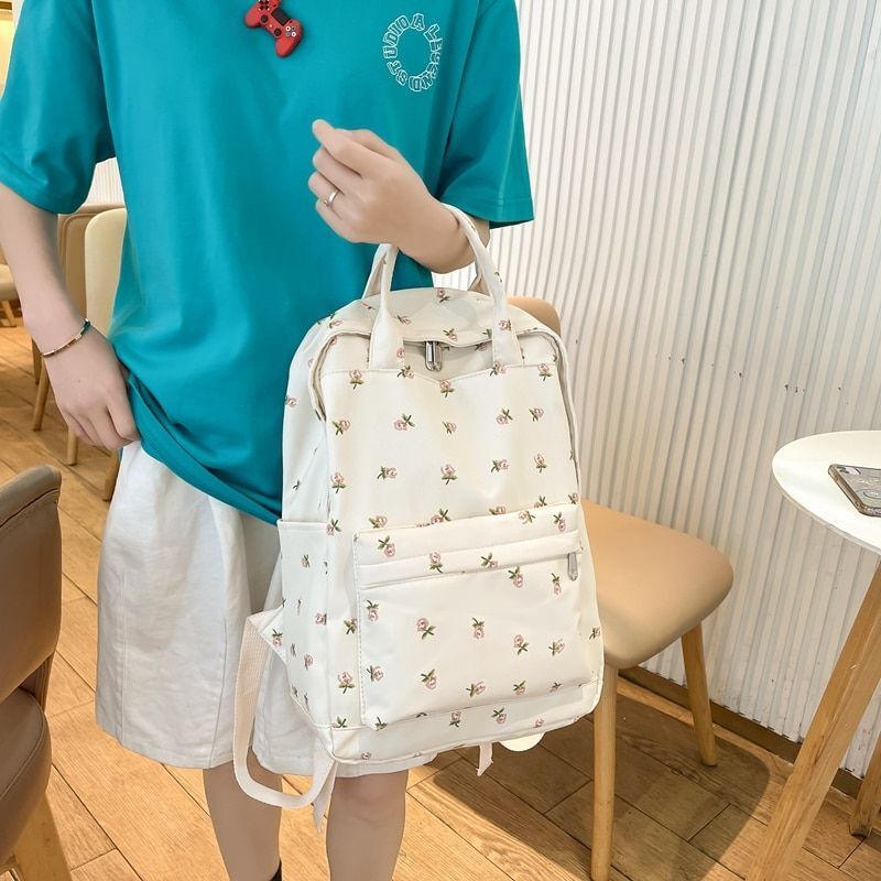 Flower Print Waterproof Nylon Backpack Buckle Travel Bags Schoolbag 28*13*40 CM