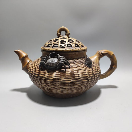 Chinese Yixing Purple Clay Teapot Zisha Ceramic Carving Bamboo Crab Tea Set Rare