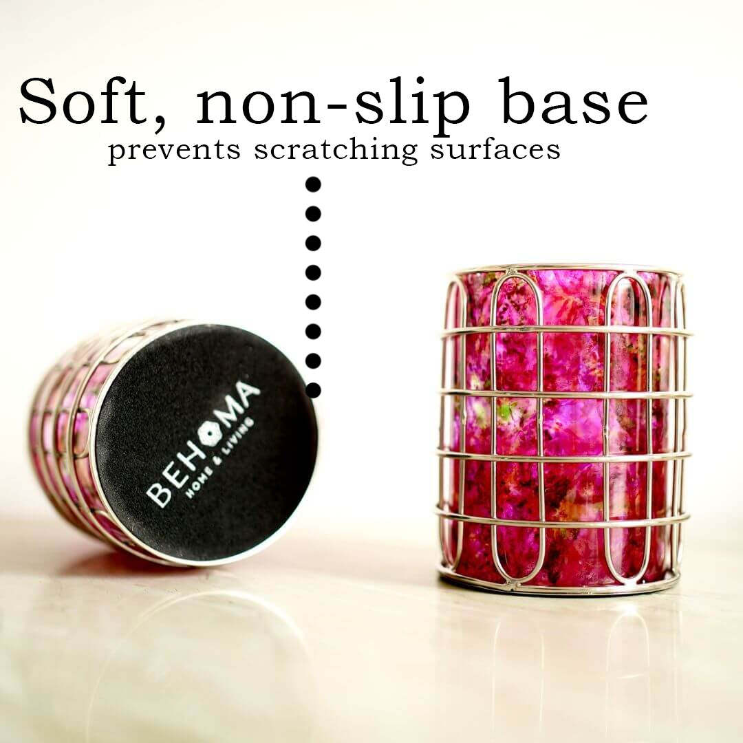 Set of 2 Stainless Steel (Silver Color) and Pink Glass Silverware Holders